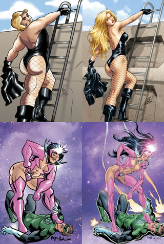 Illustration for article titled Artist puts large men in skimpy superheroine costumes, comedy ensues